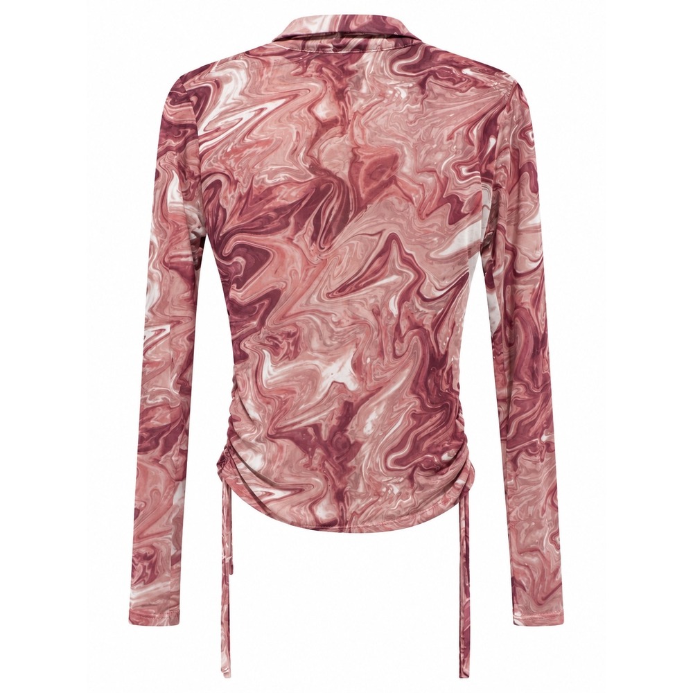 Skönhet Pink Marble Print Mesh Ruched Side Button Down Shirt Y2K Aesthetic - Picture 6 of 6